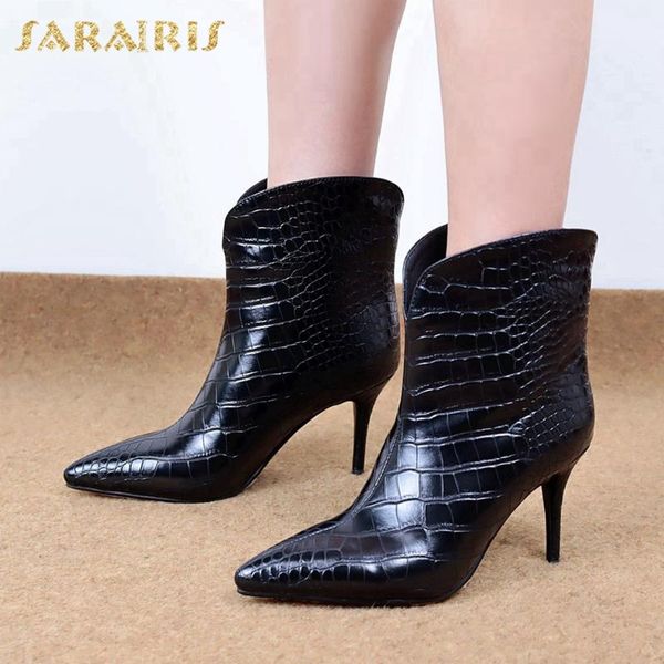

sarairis 2020 new arrivals thin high heels ankle boots women shoes pointed toe slip on concise fashion ins boots ladies, Black