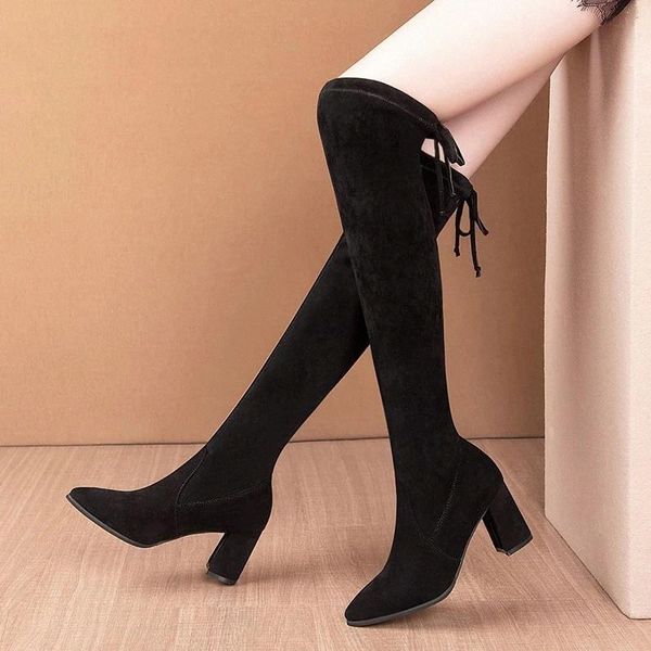 

2021 autumn winter new women's round toe thick heel long boots back lace over knee waterproof platform shoes high heels boots #562s, Black