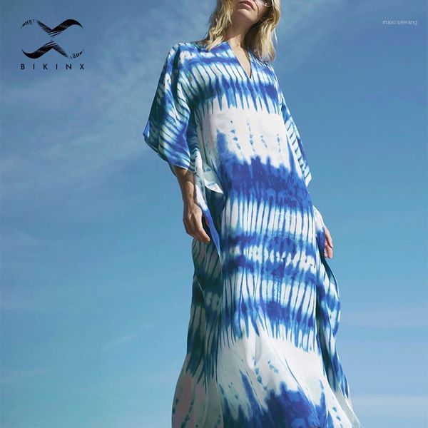 

v-neck beach wear women 2020 blue print cover ups summer beach dress tunic long robe de plage quick-drying swimwear1, White;black