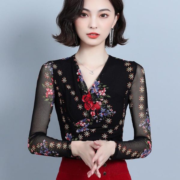 

новый 2020 осень длинный рукав сетки футболку моды случайные принг v-образным вырезом черные женщины топы и рубашки плюс размер одежды женщи, White