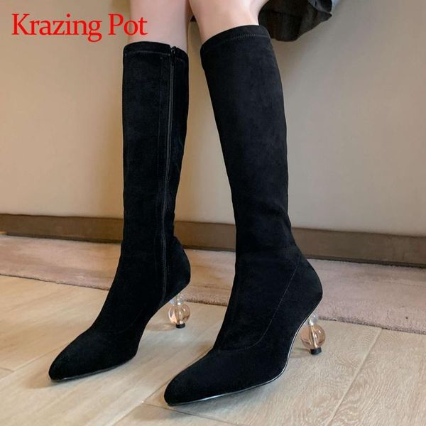 

krazing pot 2020 new arrival chic flock winter shoes pointed toe strange high heel special design fashion knee-high boots l21, Black