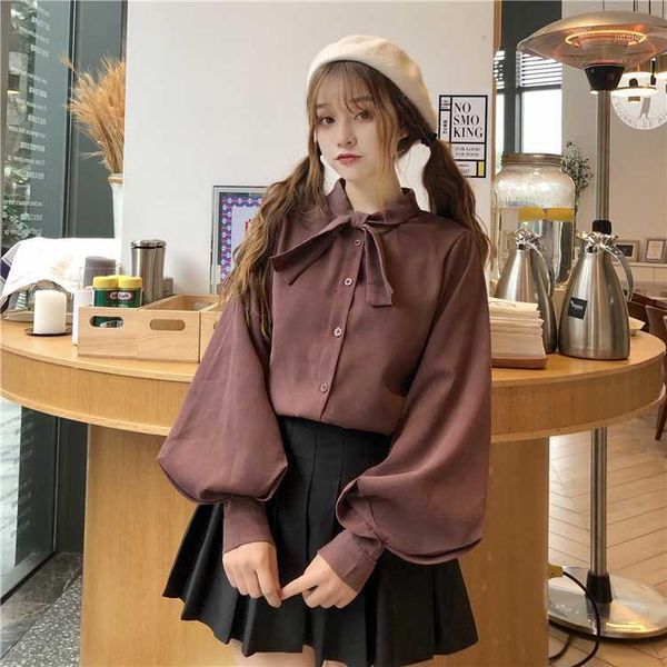 

women blouses 2020 long sleeve spring autumn sweet kawaii lantern sleeve button shirt korean soft sister lady blouse shirt1, White