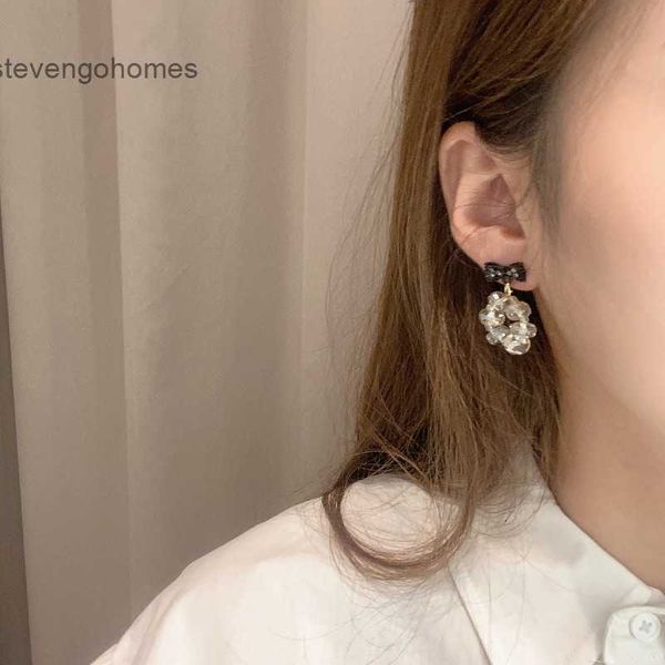 

crystal needle bow black s925 silver female indifference korean earrings, Golden