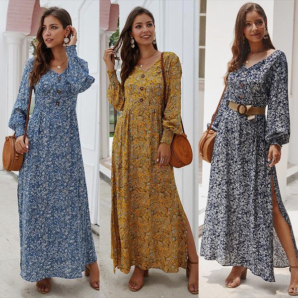 

autumn and winter long sleeves v collar floral dress casual long sleeve flower print dress casual bandage vestidos, Black;gray