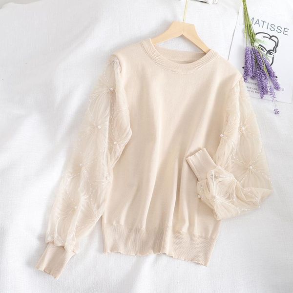 

hisuma winter flare sleeve patchwork pearl bead mesh gauze knitted basic shirt lady elastic slim pullover ruffles blouse 1, White