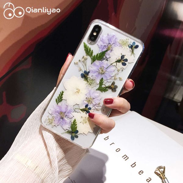 

bgrfqianliyao cover, soft and transparent cover with real dry flower prsing vip x xs xr 6s 7 8 plus 12 11 pro max seswza