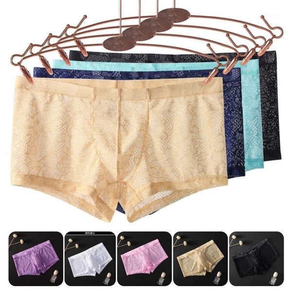 

underpants ice silk breathable underwear u convex men men's boxer soft male lace transparent shorts1, Black;white