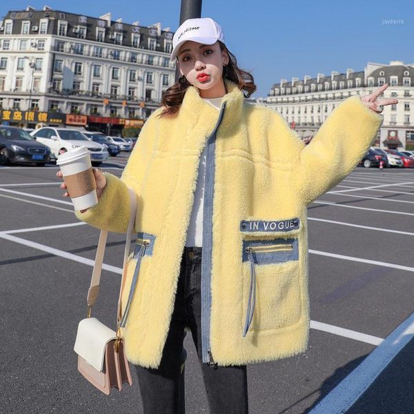 

2020korean loose version sheep sheared fur coat with color-matched granular wool overcoat thick warm jacket women winter outwear1, Black