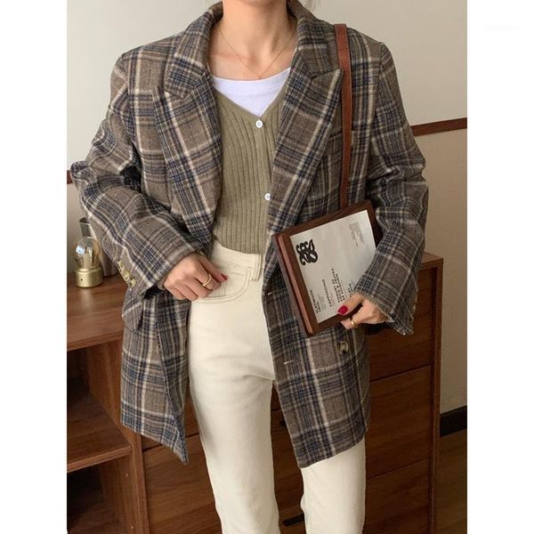 

autumn and winter woolen plaid suit jacket women korean style loose lapel commuter, White;black