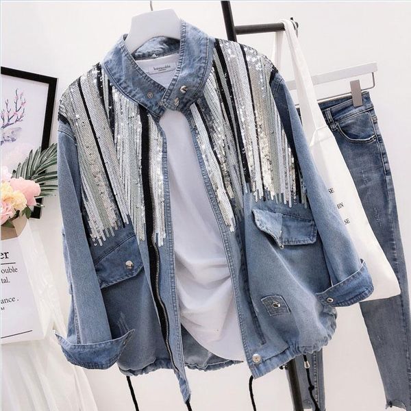 

2021 sequins splice bomber denim jacket women fashion long sleeve standing collar vintage hole drawstring jeans jacket female 051, Black;brown