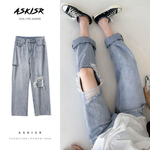 

men's jeans 2021 lightweight straight pantalon denim ankle-length hip hop streetsear casual men's fashion hole solid color s-2xl1, Blue