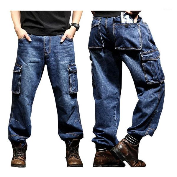 

2021 summer multi-pocket overalls men's jeans men's loose straight large size 46 wear-resistant denim pants color black / blue1, Blue