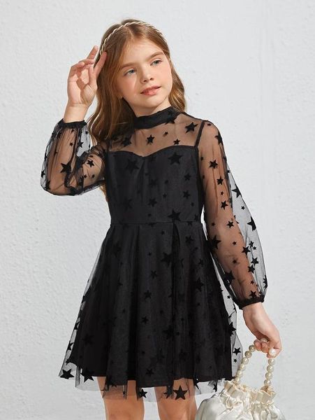 

girls star mesh overlay lantern sleeve dress she, Red;yellow