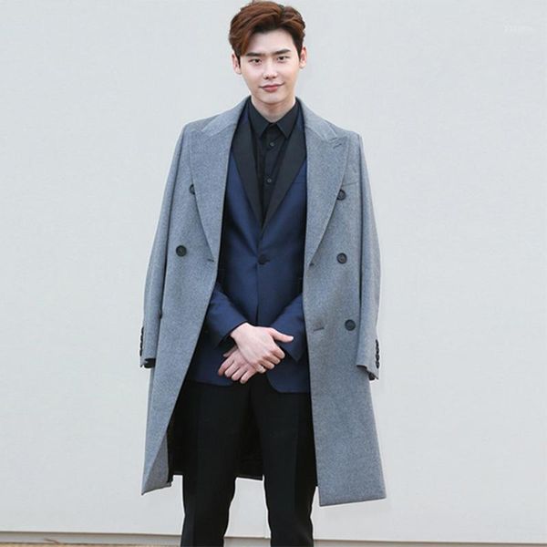 

men's woolen coat high-end autumn and winter star gray mid-length youth double-breasted korean woolen coat1, Black