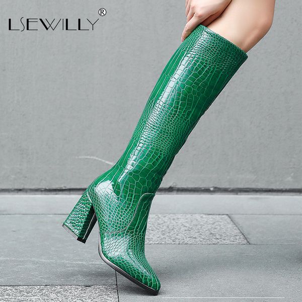 

boots lsewilly 2021 knee high women square heel pu zipper shoes autumn winter pointed toe keep warm long size 34-43, Black