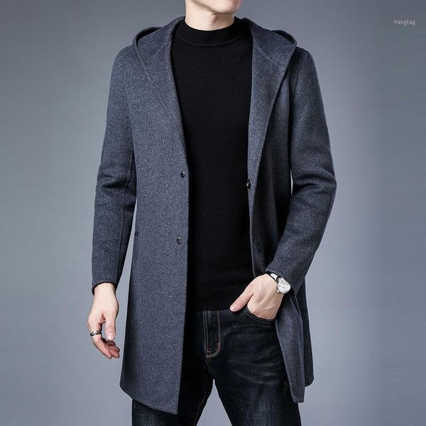 

qiu dong season with thick cloth coat men long loose woolen cloth dust coat british wind hooded wool1, Black
