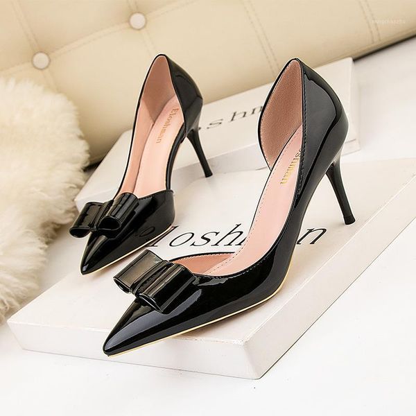 

dress shoes fashionable high-heeled patent leather pointed hollow slim bowknot women1, Black