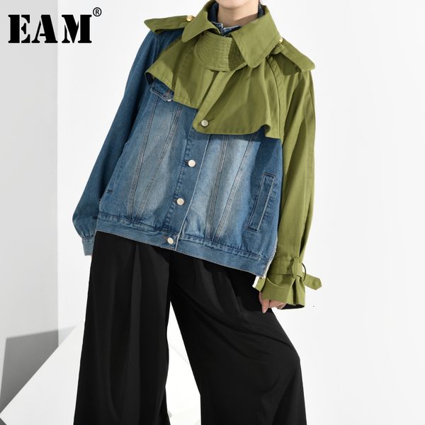 

[eam] loose fit denim split big size short jacket new lapel long sleeve women coat fashion tide spring autumn 1b0930 201112, Black;brown