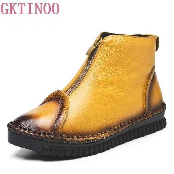 

gktinoo 2021 autumn winter front zipper women snow boots handmade genuine leather flat ankle boots for women winter warm shoes, Black