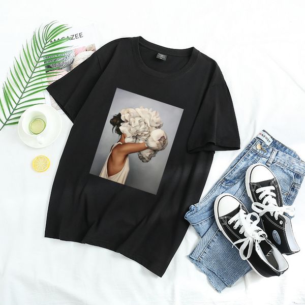 

xs-3xl cotton women t-shirt casual short sleeve aesthetic flower print graphic oversized harajuku tees plus size, Black;white