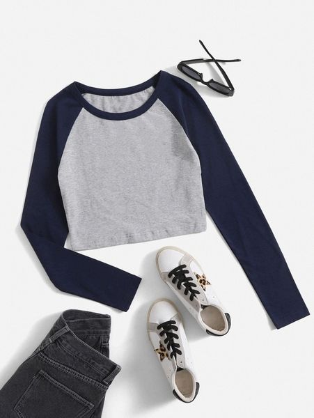 

color block raglan sleeve crop tee o6ci#, White