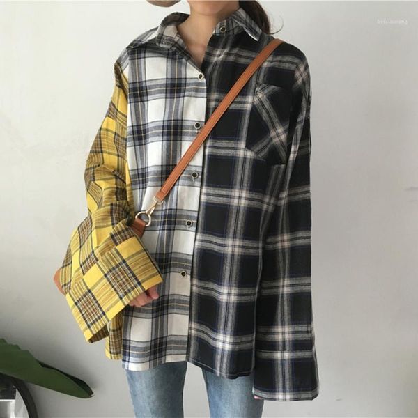 

plaid shirt women cotton patchwork long sleeve casual blouse korean fashion clothing spring autumn womens and blouses1, White