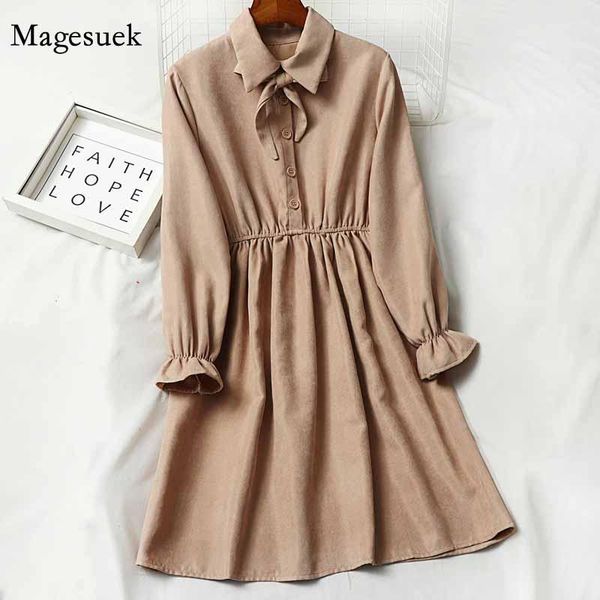 

women a-line solid elastic waist slim button lantern sleeve dress 2020 autumn and winter bow tie lapel mid-length dress 12020, Black;gray