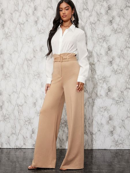 

buckle belted combo jumpsuit p82g#, White