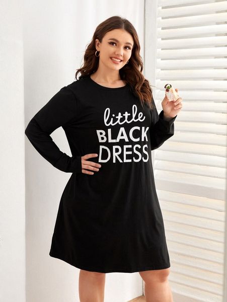 

plus letter graphic night dress 68ds#, Black;white
