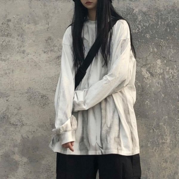 

Gradient Tie-Dye Bottoming Top Loose Long-Sleeved T-Shirt Size XXL, White