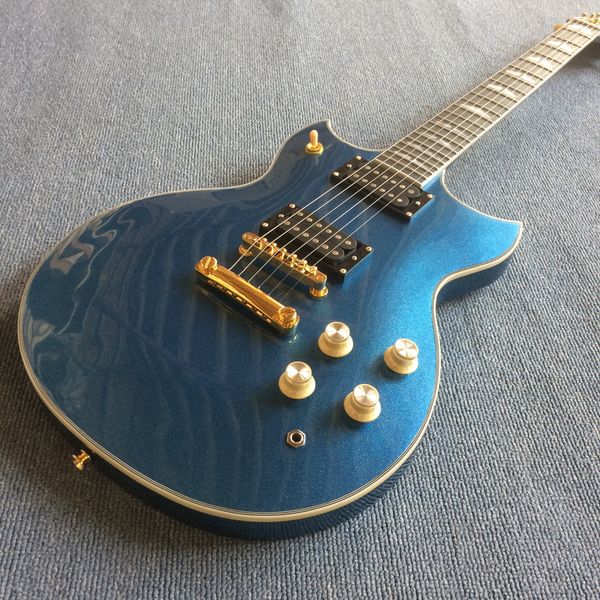 

custom grand electric guitar in metallic blue with gold hardware