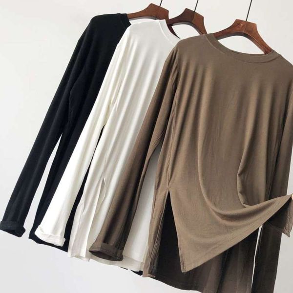 

drooping with feeling double split and shows thin long sleeve t-shirt for autumn women, Black;gray