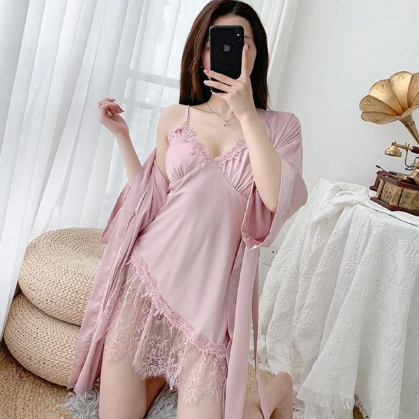

summer casual satin 2pcs sleepwear nightdress black lace women nighty&robe set kimono gown loose intimate lingerie negligee1, Black;red