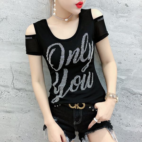 

2020 new heavy process taping open shoulder back show coat t-shirt thin women's t-shirt trend 6215 wjtuy, White