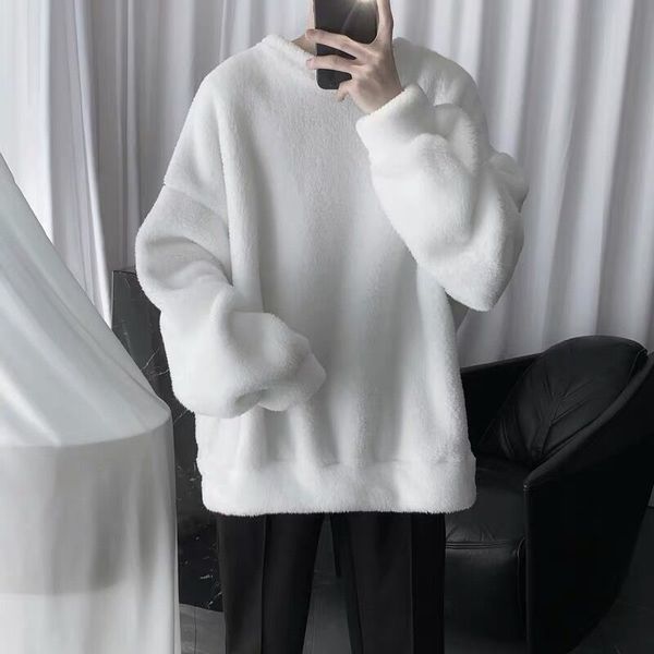 

dark black lamb wool sweater men's autumn and winter new round neck loose plush thickened coat chic couple top