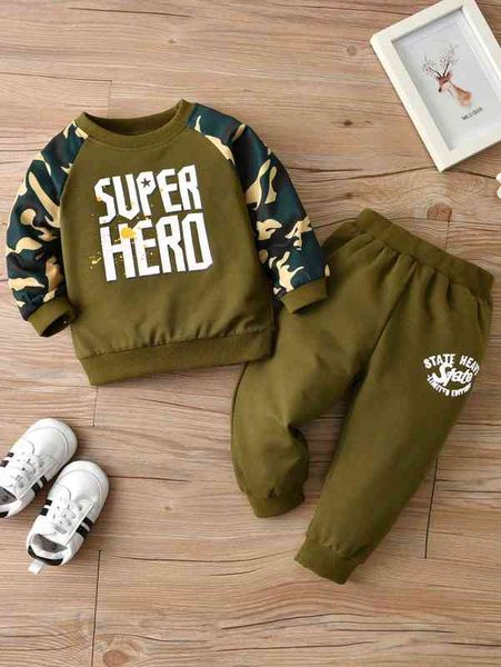 

baby letter and camo print raglan sleeve pullover & sweatpants she, White