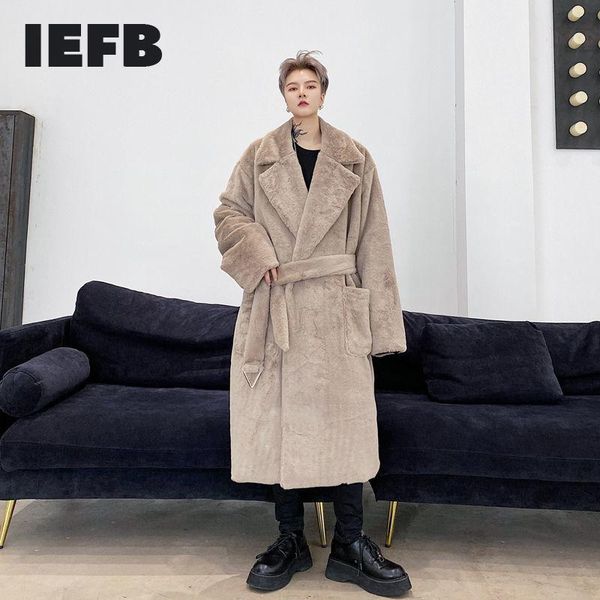 

men's wool & blends iefb winter 2021 solid color metal pendant sashes fuax fur thick mid length warm long coat lapel clothes for male 9, Black