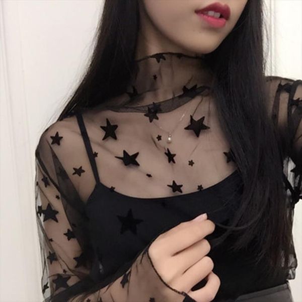 

lady sexy mesh t shirt женщины с длинным рукавом стенд воротник t рубашка женский повседневный горошек star tshirt выдалбливают элегантные в, White