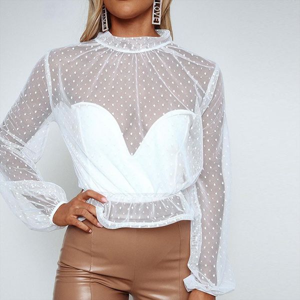 

summer beach women perspective lace mesh shirt long sleeve tee blouse translucent long sleeve tempting, White