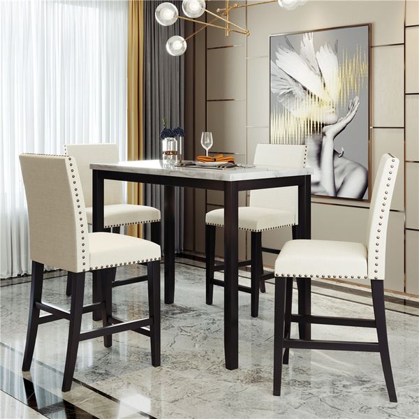 

us stock 5 piece counter height faux marble modern dining set with matching chairs and marble veneer for home beige