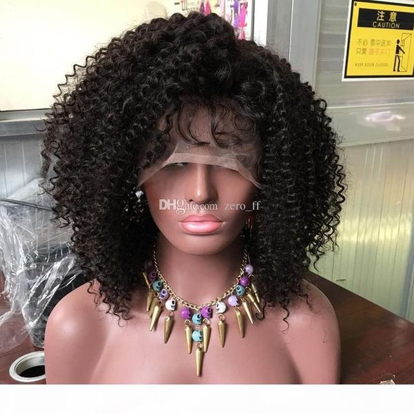

peruvian virgin human hair full lace wig afro kinky curly lace front wig with full bangs glueless curly human hair wig, Black;brown
