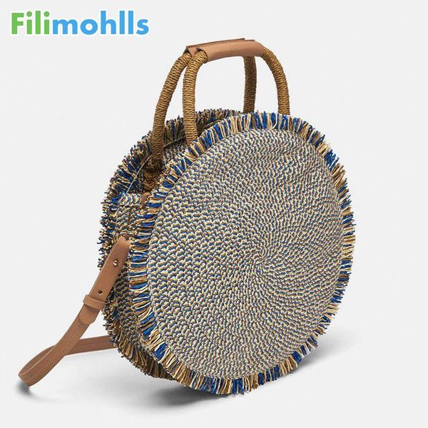 

2020 fashion new tassel handbag straw bag women beach woven bag round tote fringed woven shoulder travel s1856