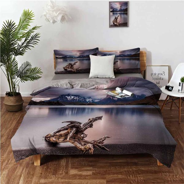 

driftwood on the coast with reflection of the mountains in the lake digital imagebedding 3-piece set