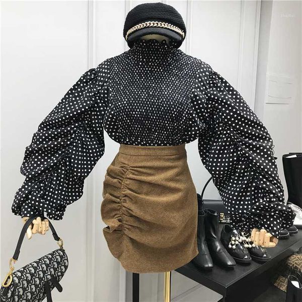

retro wrinkle polka dot shirt women's 2020 spring fashion high collar loose puff sleeve female blouses1, White