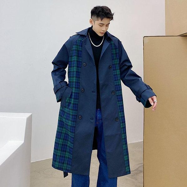 

men's trench coats male vintage streetwear jacket overcoat men plaid splice business casual double breasted belt loose coat outerwear, Tan;black