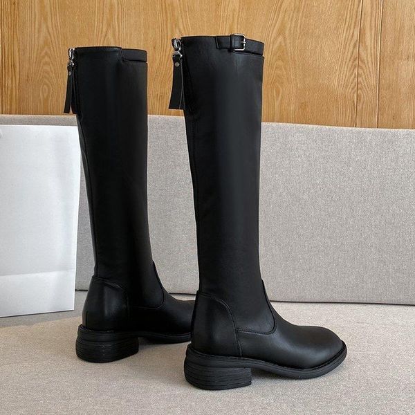 

high knee boots women 2020 fashion mid heeled black combat boots women zipper warm white leather