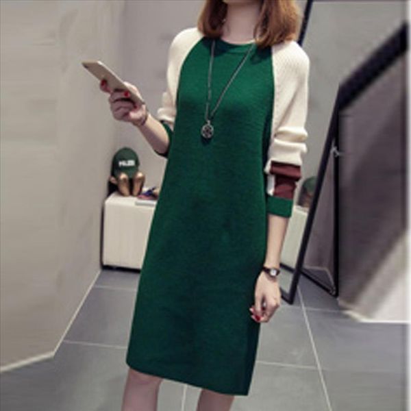 

women autumn fashion korean loose dress knitted long sleeve sweater dresses 2021 winter womens solid dress femme p, Black;gray