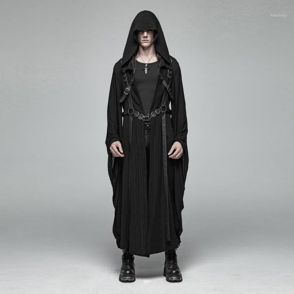 

punk rave men dark punk jacket stripe woven pu leather metal buckle decoration large sleeves loose hooded medium length coat1, Tan;black