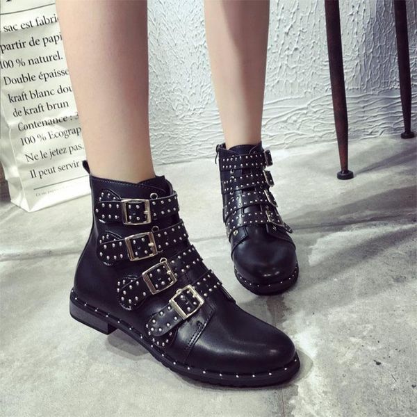 

woman chunky platform motorcycle booties leather high heel ankle boots women fashion boots rivets big head punk, Black
