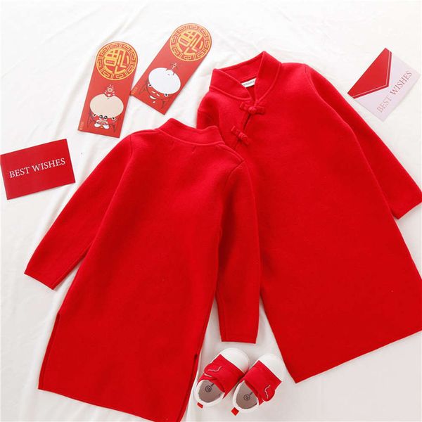 

sle autumn chine and winter tang new knitted wear cotton brocade long sve children's sweater drs girl's cheongsam, Red;yellow